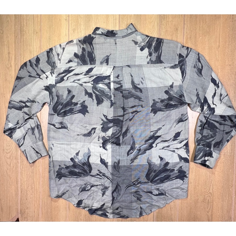 Goouch Mens Vintage Silk Linen Abstract Floral Print Button Down Shirt Grey L